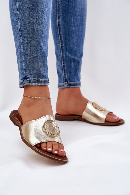 Zazoo 2938 Leather Slippers On Flat Heel With Decoration Gold Zazoo 2938 Leather Slippers On Flat Heel With Decoration Gold