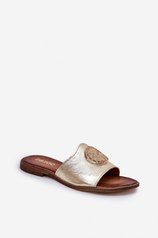 Zazoo 2938 Leather Slippers On Flat Heel With Decoration Gold Zazoo 2938 Leather Slippers On Flat Heel With Decoration Gold