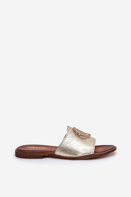 Zazoo 2938 Leather Slippers On Flat Heel With Decoration Gold Zazoo 2938 Leather Slippers On Flat Heel With Decoration Gold