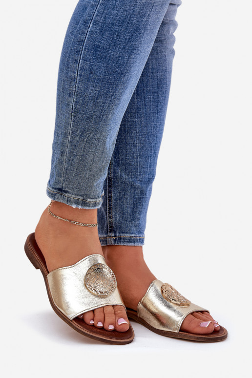 Zazoo 2938 Leather Slippers On Flat Heel With Decoration Gold Zazoo 2938 Leather Slippers On Flat Heel With Decoration Gold