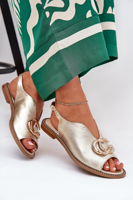 Skórzane Sandały Na Płaskim ObcasiewithOzdobą Laura Messi 2865 Złote