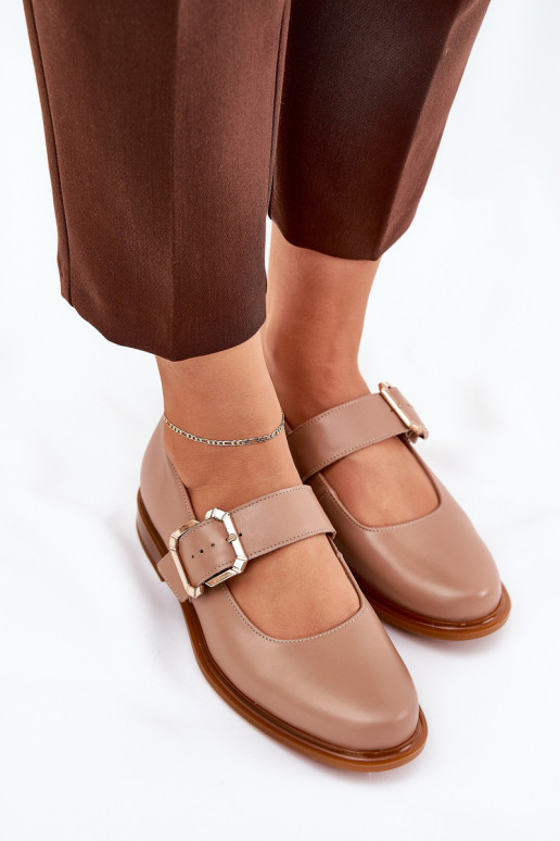 Leather Women's Shoes With Buckle Laura Messi 2980 Dark Beige Leather Women's Shoes With Buckle Laura Messi 2980 Dark Beige