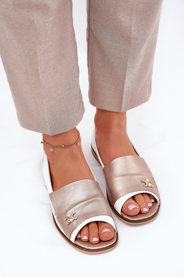 Leather Elegant Ballet Flats With Open Toes White-Gold Zazoo 1865