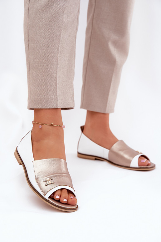 Leather Elegant Ballet Flats With Open Toes White-Gold Zazoo 1865 Leather Elegant Ballet Flats With Open Toes White-Gold Zazoo 1865