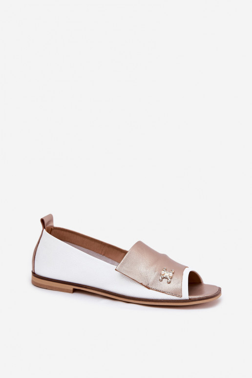 Leather Elegant Ballet Flats With Open Toes White-Gold Zazoo 1865 Leather Elegant Ballet Flats With Open Toes White-Gold Zazoo 1865