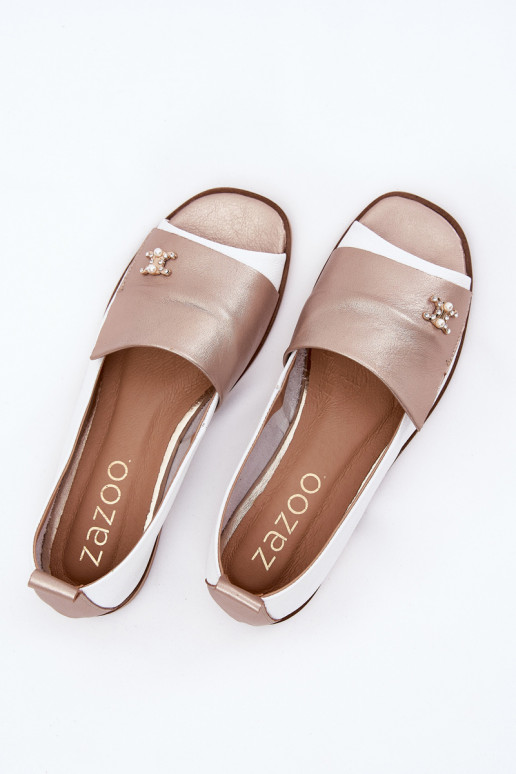 Leather Elegant Ballet Flats With Open Toes White-Gold Zazoo 1865 Leather Elegant Ballet Flats With Open Toes White-Gold Zazoo 1865