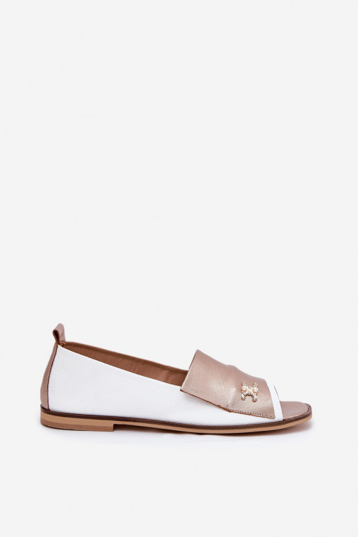 Leather Elegant Ballet Flats With Open Toes White-Gold Zazoo 1865 Leather Elegant Ballet Flats With Open Toes White-Gold Zazoo 1865