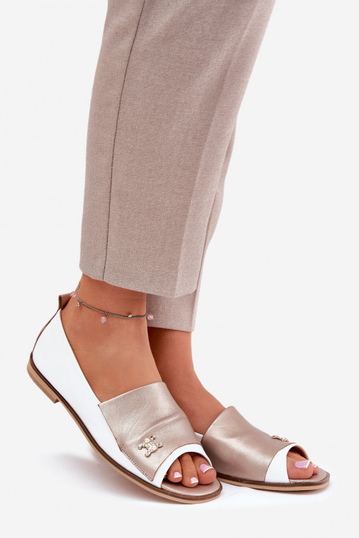 Leather Elegant Ballet Flats With Open Toes White-Gold Zazoo 1865 Leather Elegant Ballet Flats With Open Toes White-Gold Zazoo 1865