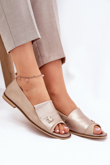 Leather Elegant Ballet Flats With Open Toes Beige Zazoo 1865