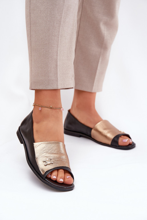 Leather Elegant Ballerinas With Open Toes Zazoo 1865 Gold-Black Leather Elegant Ballerinas With Open Toes Zazoo 1865 Gold-Black