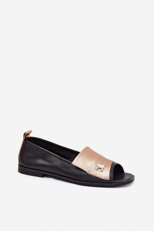 Leather Elegant Ballerinas With Open Toes Zazoo 1865 Gold-Black Leather Elegant Ballerinas With Open Toes Zazoo 1865 Gold-Black