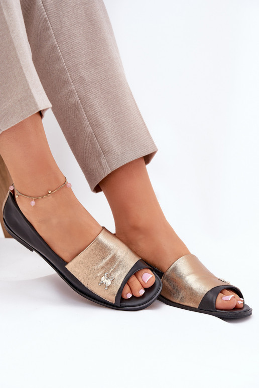 Leather Elegant Ballerinas With Open Toes Zazoo 1865 Gold-Black Leather Elegant Ballerinas With Open Toes Zazoo 1865 Gold-Black