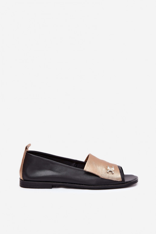 Leather Elegant Ballerinas With Open Toes Zazoo 1865 Gold-Black Leather Elegant Ballerinas With Open Toes Zazoo 1865 Gold-Black