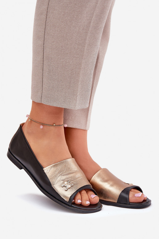 Leather Elegant Ballerinas With Open Toes Zazoo 1865 Gold-Black Leather Elegant Ballerinas With Open Toes Zazoo 1865 Gold-Black