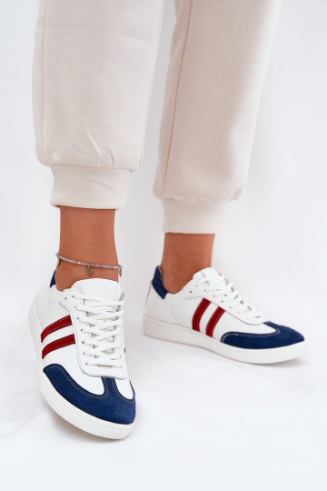 Zazoo N1068 Skórzane Niskie Sneakersy Damskie Biało-Granatowe