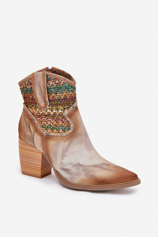 Skórzane Botki Kowbojki Na SłupkuwithOzdobną Plecionką Maciejka 06810-29 Multikolor