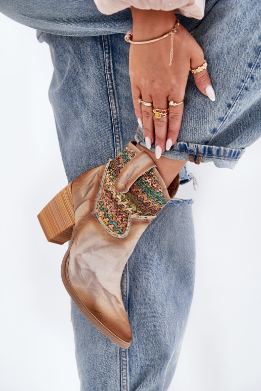 Skórzane Botki Kowbojki Na SłupkuwithOzdobną Plecionką Maciejka 06810-29 Multikolor