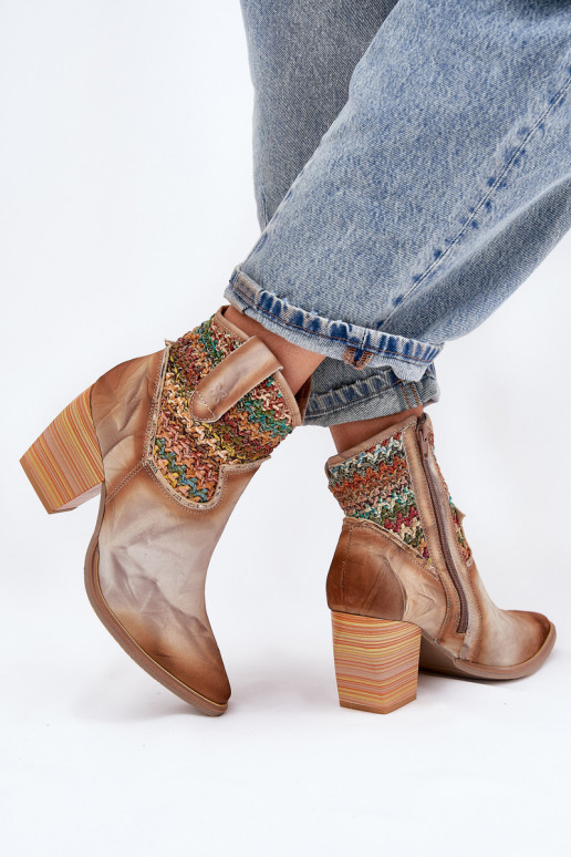 Skórzane Botki Kowbojki Na SłupkuwithOzdobną Plecionką Maciejka 06810-29 Multikolor