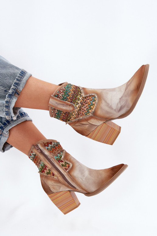 Skórzane Botki Kowbojki Na SłupkuwithOzdobną Plecionką Maciejka 06810-29 Multikolor