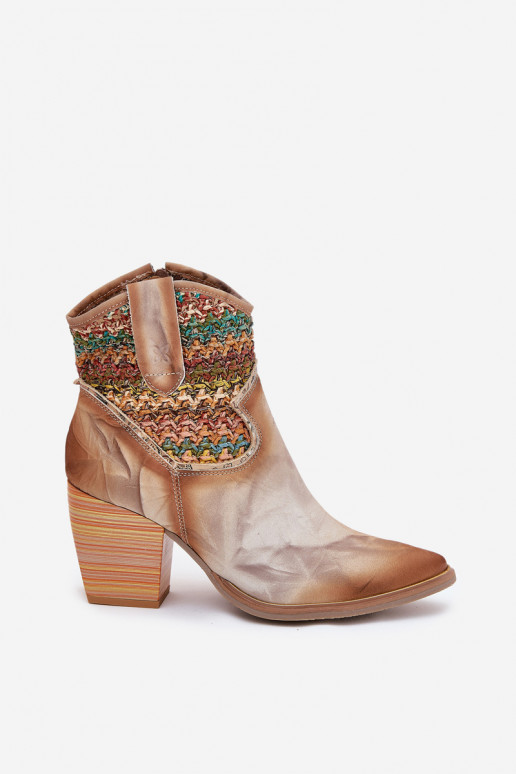 Skórzane Botki Kowbojki Na SłupkuwithOzdobną Plecionką Maciejka 06810-29 Multikolor