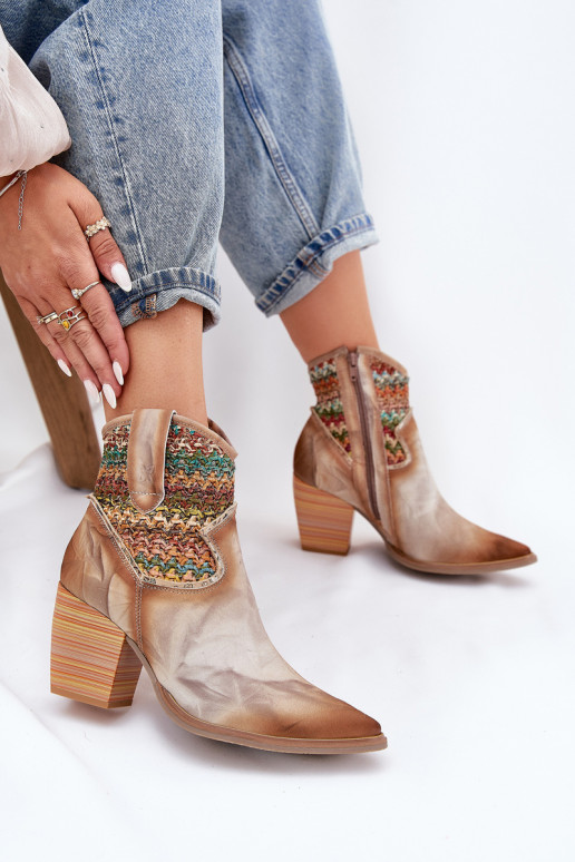 Skórzane Botki Kowbojki Na SłupkuwithOzdobną Plecionką Maciejka 06810-29 Multikolor