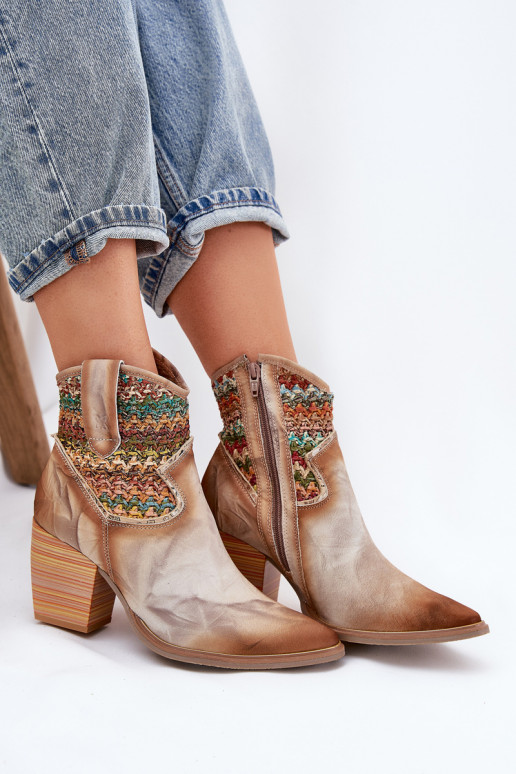 Skórzane Botki Kowbojki Na SłupkuwithOzdobną Plecionką Maciejka 06810-29 Multikolor