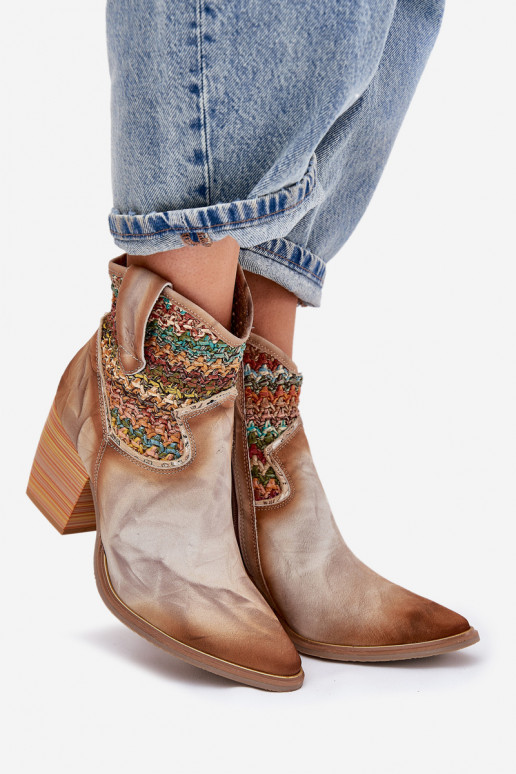 Skórzane Botki Kowbojki Na SłupkuwithOzdobną Plecionką Maciejka 06810-29 Multikolor