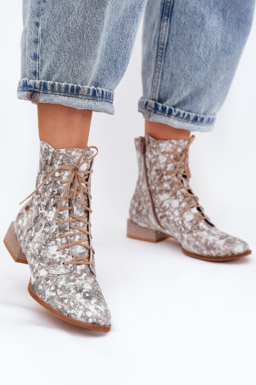 Leather Patterned Ankle Boots With Flat Heel Maciejka 06391-25 Beige