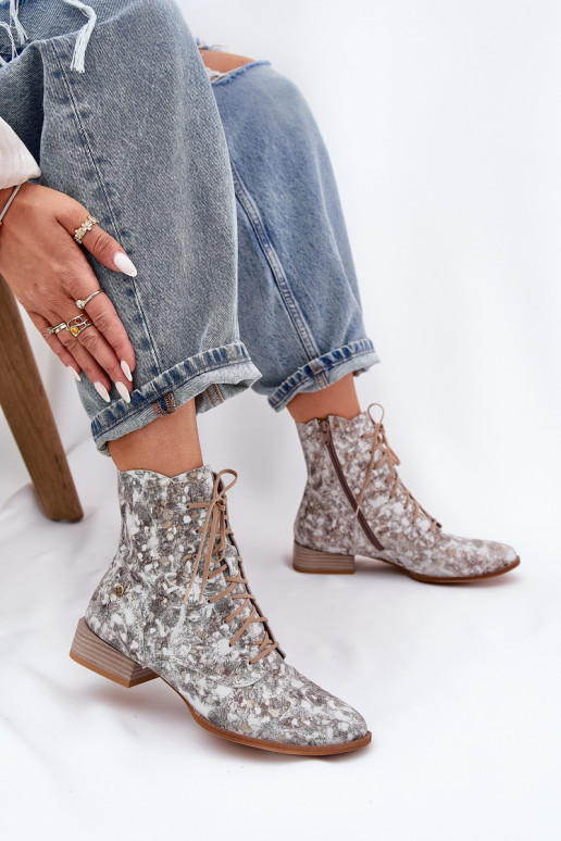 Leather Patterned Ankle Boots With Flat Heel Maciejka 06391-25 Beige