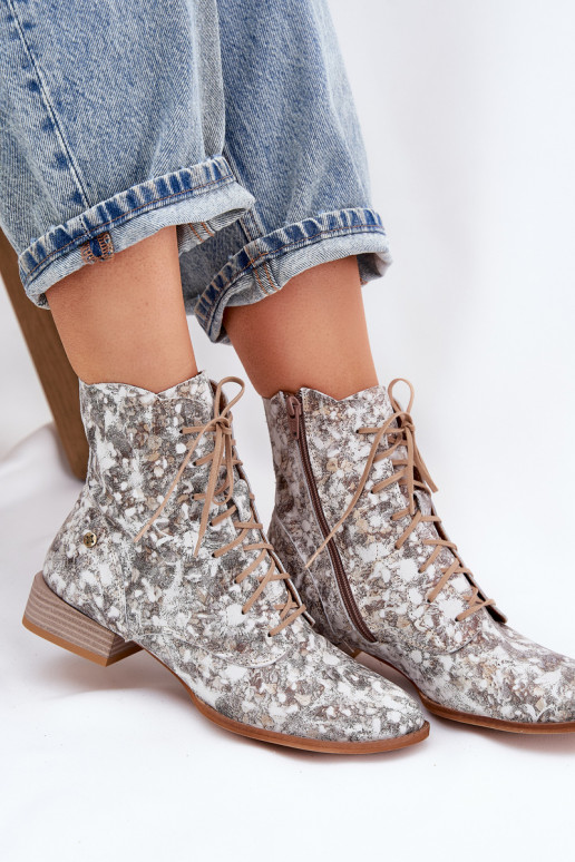 Leather Patterned Ankle Boots With Flat Heel Maciejka 06391-25 Beige