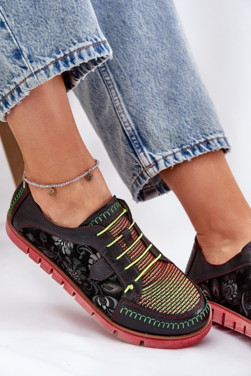 Skórzane Półbuty Damskie Wzorzyste Maciejka 06784-20 Czarne