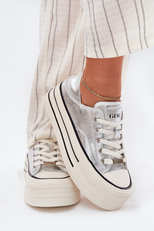 Women Leather Sneakers On Platform GOE RR2N4108 Silver Women Leather Sneakers On Platform GOE RR2N4108 Silver
