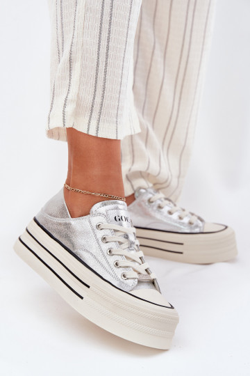 Women Leather Sneakers On Platform GOE RR2N4108 Silver 2