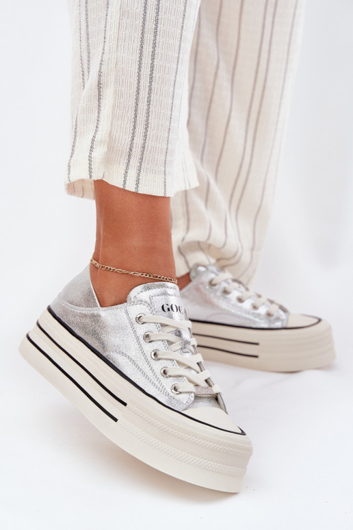 Women Leather Sneakers On Platform GOE RR2N4108 Silver Women Leather Sneakers On Platform GOE RR2N4108 Silver
