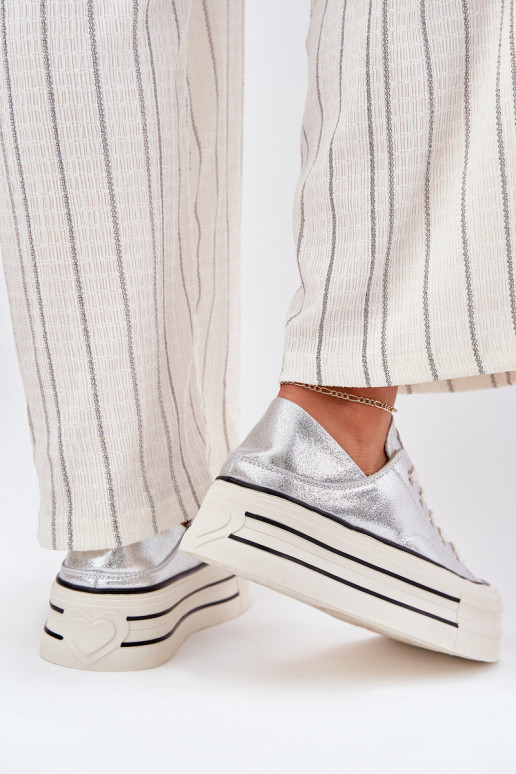 Women Leather Sneakers On Platform GOE RR2N4108 Silver Women Leather Sneakers On Platform GOE RR2N4108 Silver