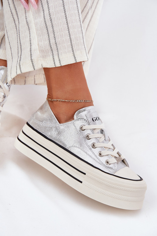 Women Leather Sneakers On Platform GOE RR2N4108 Silver Women Leather Sneakers On Platform GOE RR2N4108 Silver