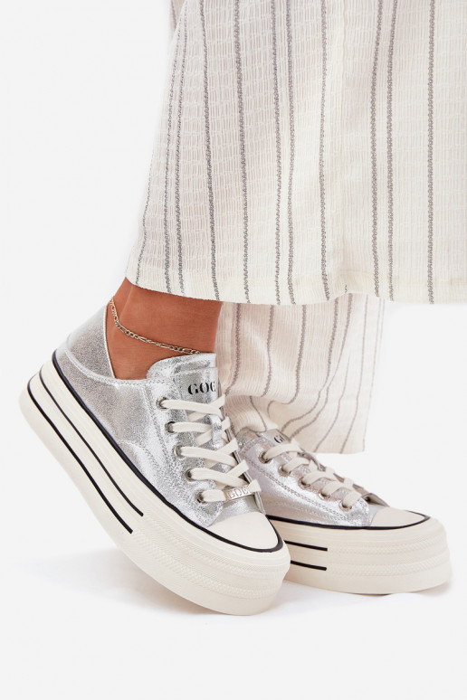 Women Leather Sneakers On Platform GOE RR2N4108 Silver Women Leather Sneakers On Platform GOE RR2N4108 Silver