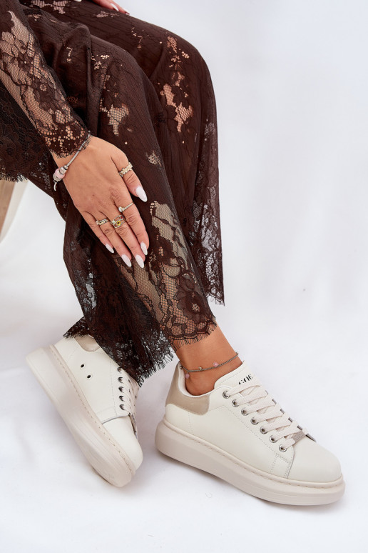 Leather Women's Sneakers On Platform Beige GOE RR2N4004 Leather Women's Sneakers On Platform Beige GOE RR2N4004