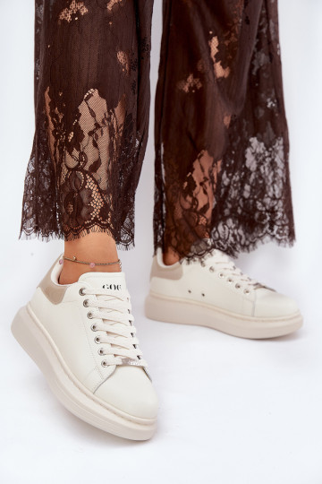 Leather Women's Sneakers On Platform Beige GOE RR2N4004 2