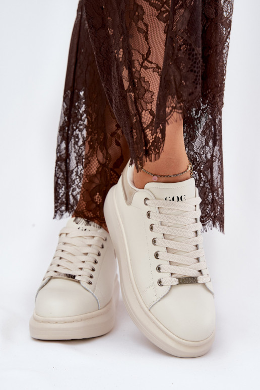 Leather Women's Sneakers On Platform Beige GOE RR2N4004 Leather Women's Sneakers On Platform Beige GOE RR2N4004
