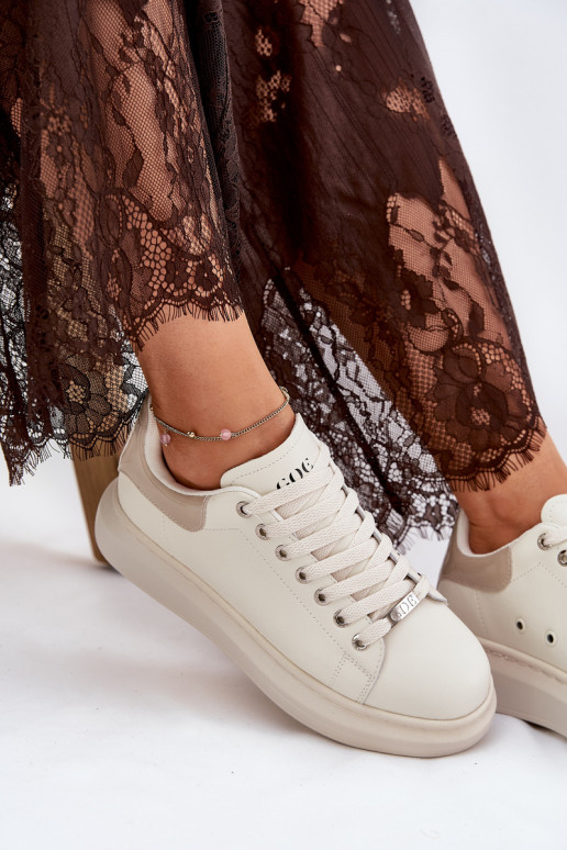 Leather Women's Sneakers On Platform Beige GOE RR2N4004 Leather Women's Sneakers On Platform Beige GOE RR2N4004