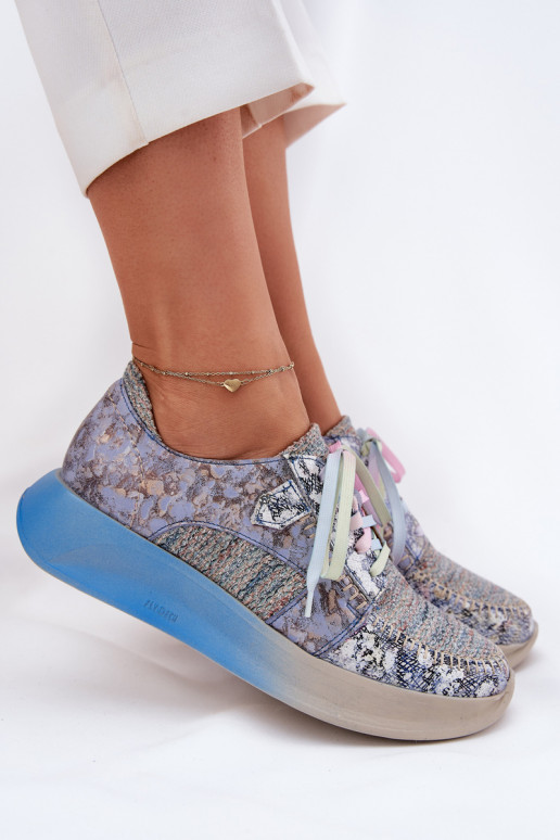 Skórzane Półbuty Sneakersy Damskie Na Platformie Maciejka 06776A-06 Niebieskie