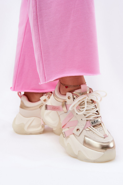 Women's Leather Sneakers On Chunky Sole GOE RR2N4031 Beige