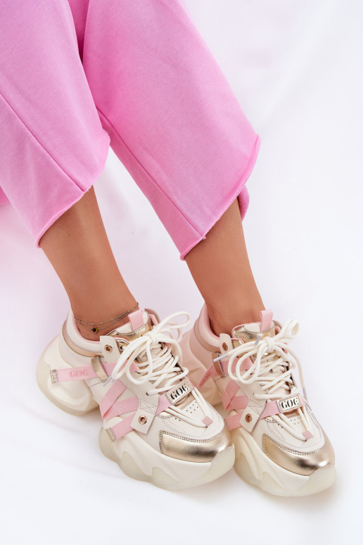 Skórzane Sneakersy Damskie Na Masywnej Podeszwie GOE RR2N4031 Beżowe