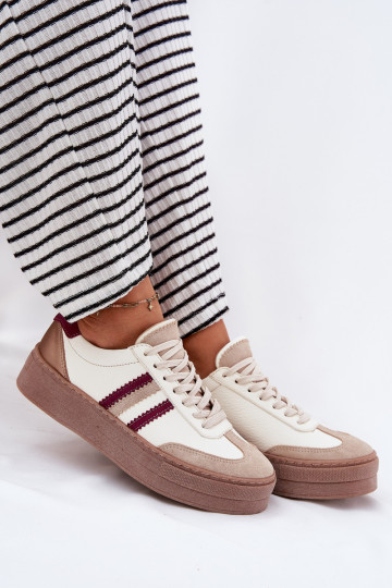 Skórzane Sneakersy Damskie Na Platformie Zazoo N1234 Beżowo-Bordowe 2