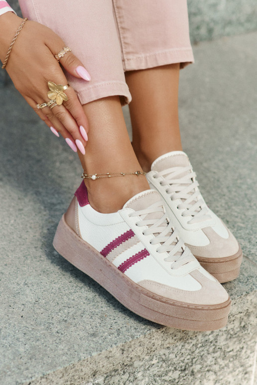 Skórzane Sneakersy Damskie Na Platformie Zazoo N1234 Beżowo-Bordowe