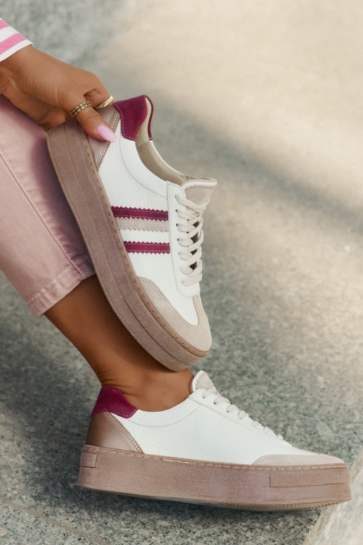 Skórzane Sneakersy Damskie Na Platformie Zazoo N1234 Beżowo-Bordowe