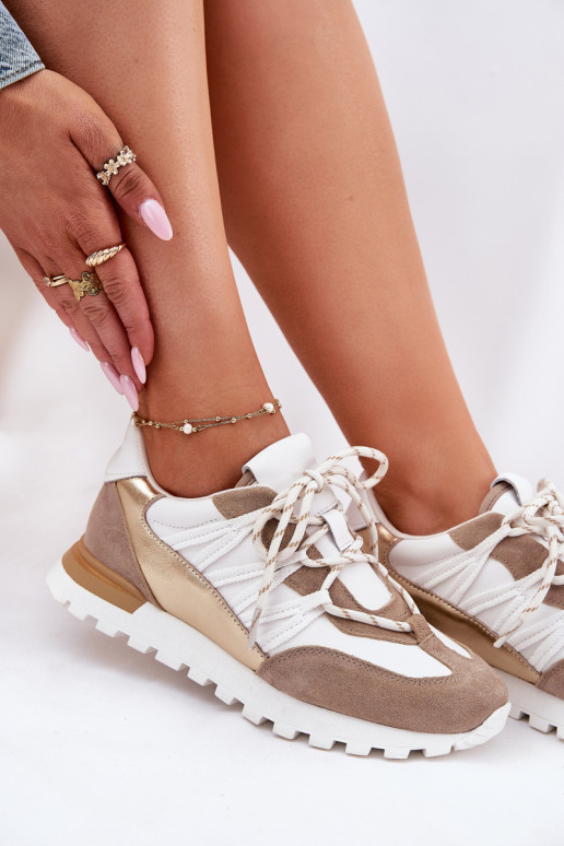 Skórzane Półbuty Sneakersy Damskie Artiker 56C1738 Beżowo-Złote
