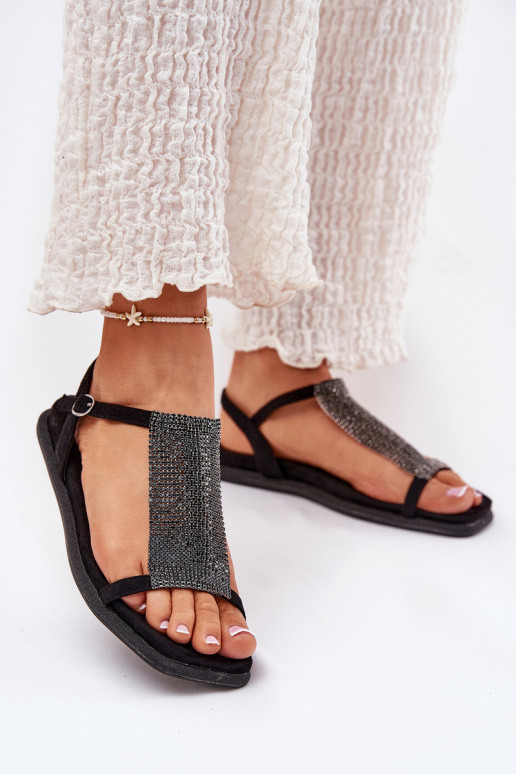 Flat Elegant Women's Sandals With Crystals Artiker 56C1370 Black Flat Elegant Women's Sandals With Crystals Artiker 56C1370 Black