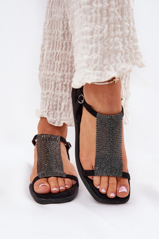 Flat Elegant Women's Sandals With Crystals Artiker 56C1370 Black Flat Elegant Women's Sandals With Crystals Artiker 56C1370 Black